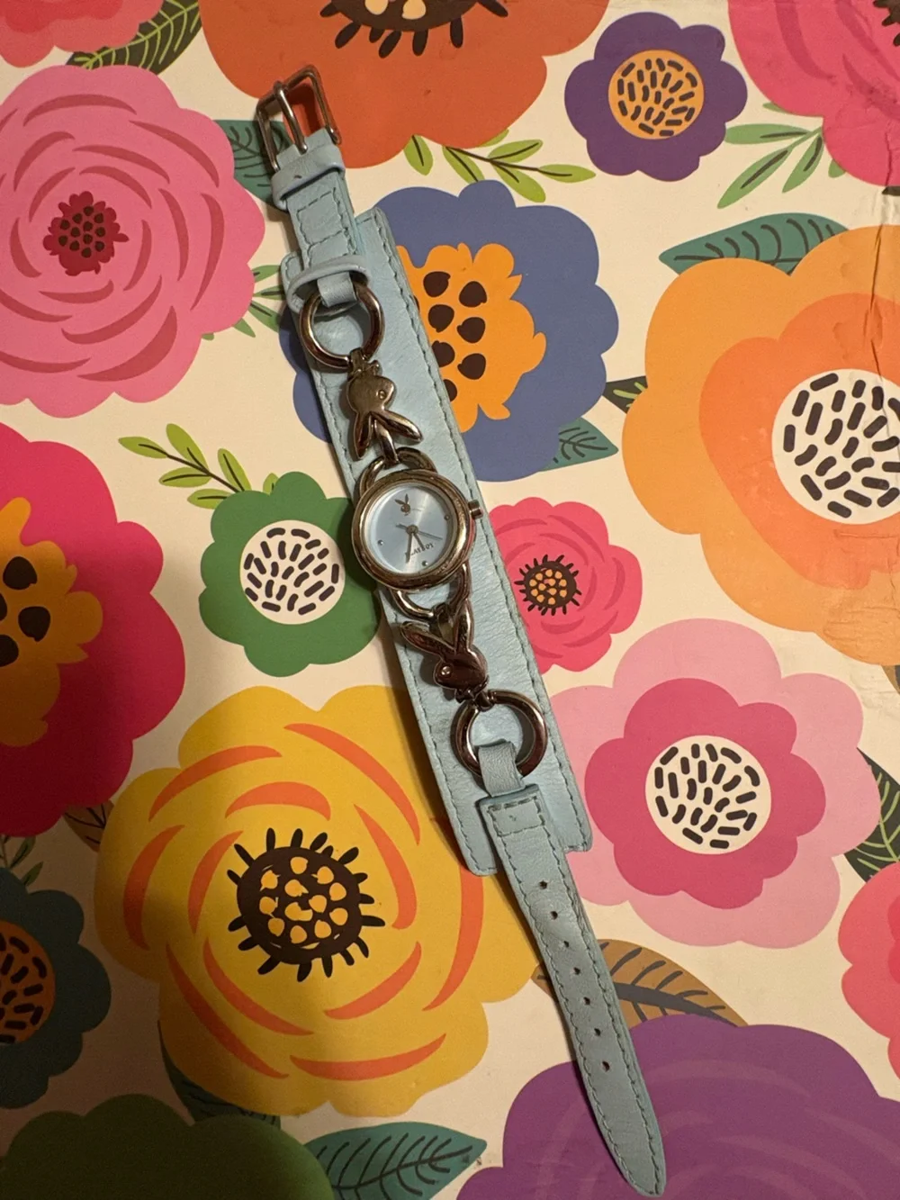 Vintage Y2K 2000s PLAYBOY Light Blue Stainless Steel Faux Leather Bracelet Watch